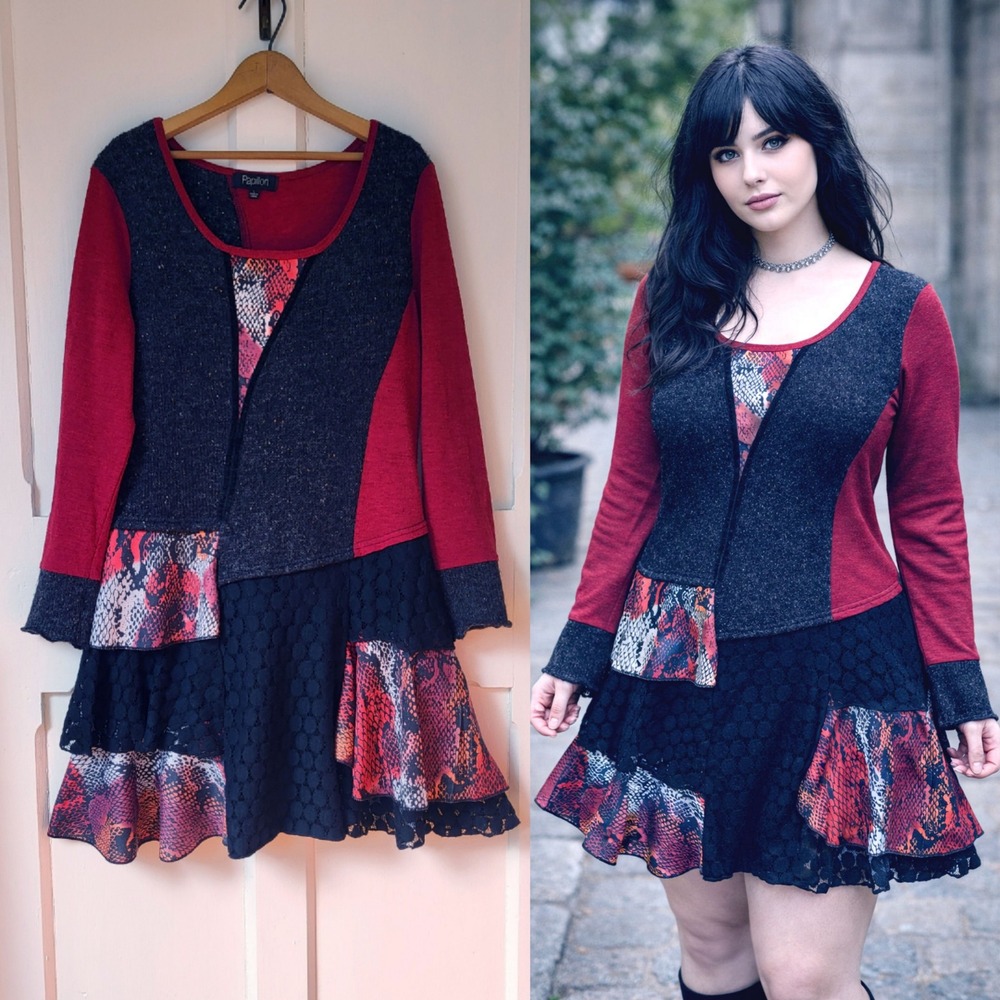 Patchwork Black Red  Dress Size L Whimsigoth Witchy